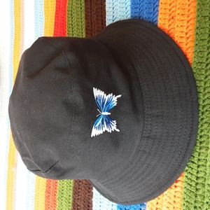 Bucket Hat Black w/ Blue Butterfly Womens New 90's